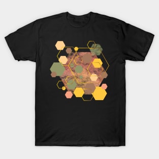 Green, olive, yellow, dusty pink, pink, brown and gold geometric hexagons T-Shirt